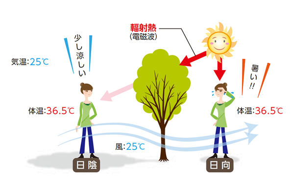 出典:日本遮熱 遮熱の基本 暑さ寒さは、気温(温度)と輻射熱の量で決まる。