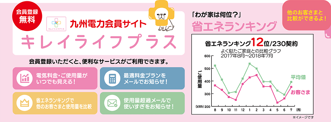 家族構成など使用形態がよく似たご家庭の使用量と比較し、省エネランキングを表示
